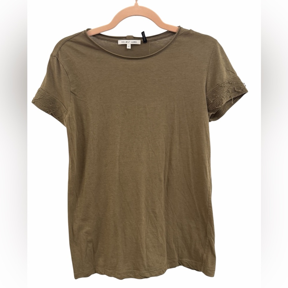 Helmut Lang Olive Green Tee Cashmere Blend Distressed Sleeve Minimalist Top S